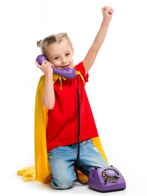 Superhero girl on phone providing customer support and payroll assistance